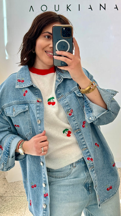 Denim Jacket in Cherry Print
