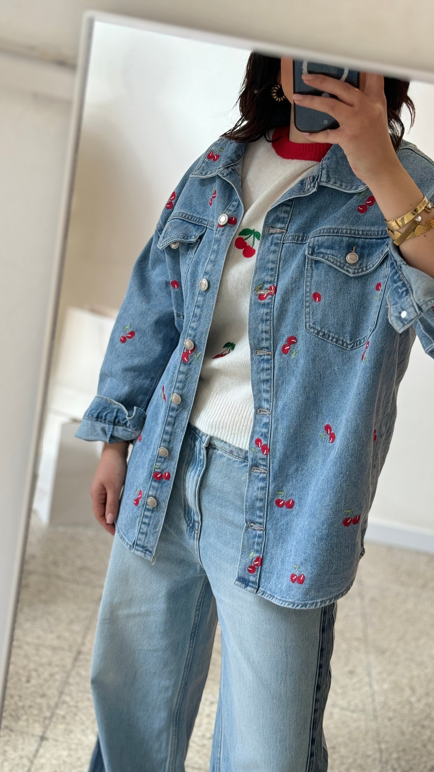 Denim Jacket in Cherry Print