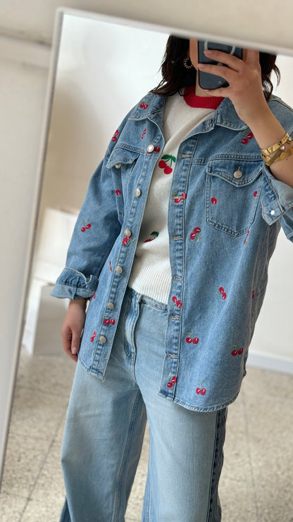 Denim Jacket in Cherry Print
