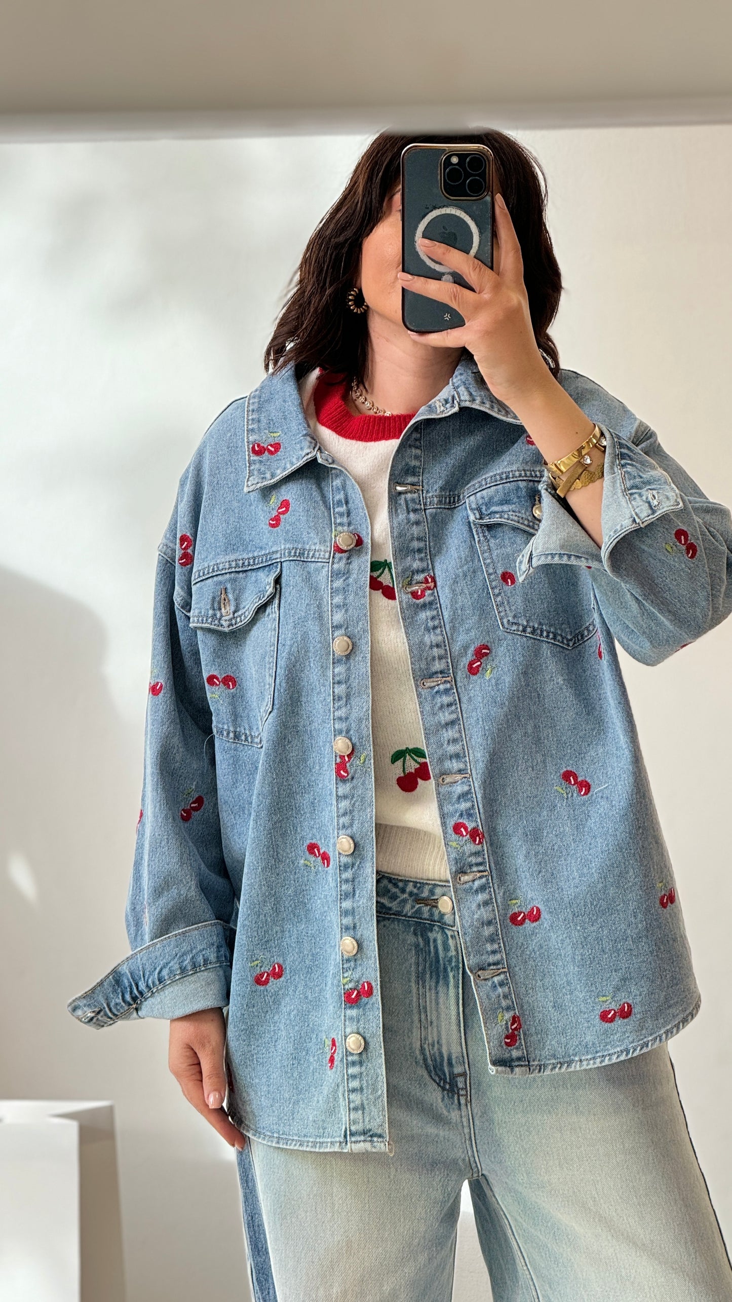 Denim Jacket in Cherry Print
