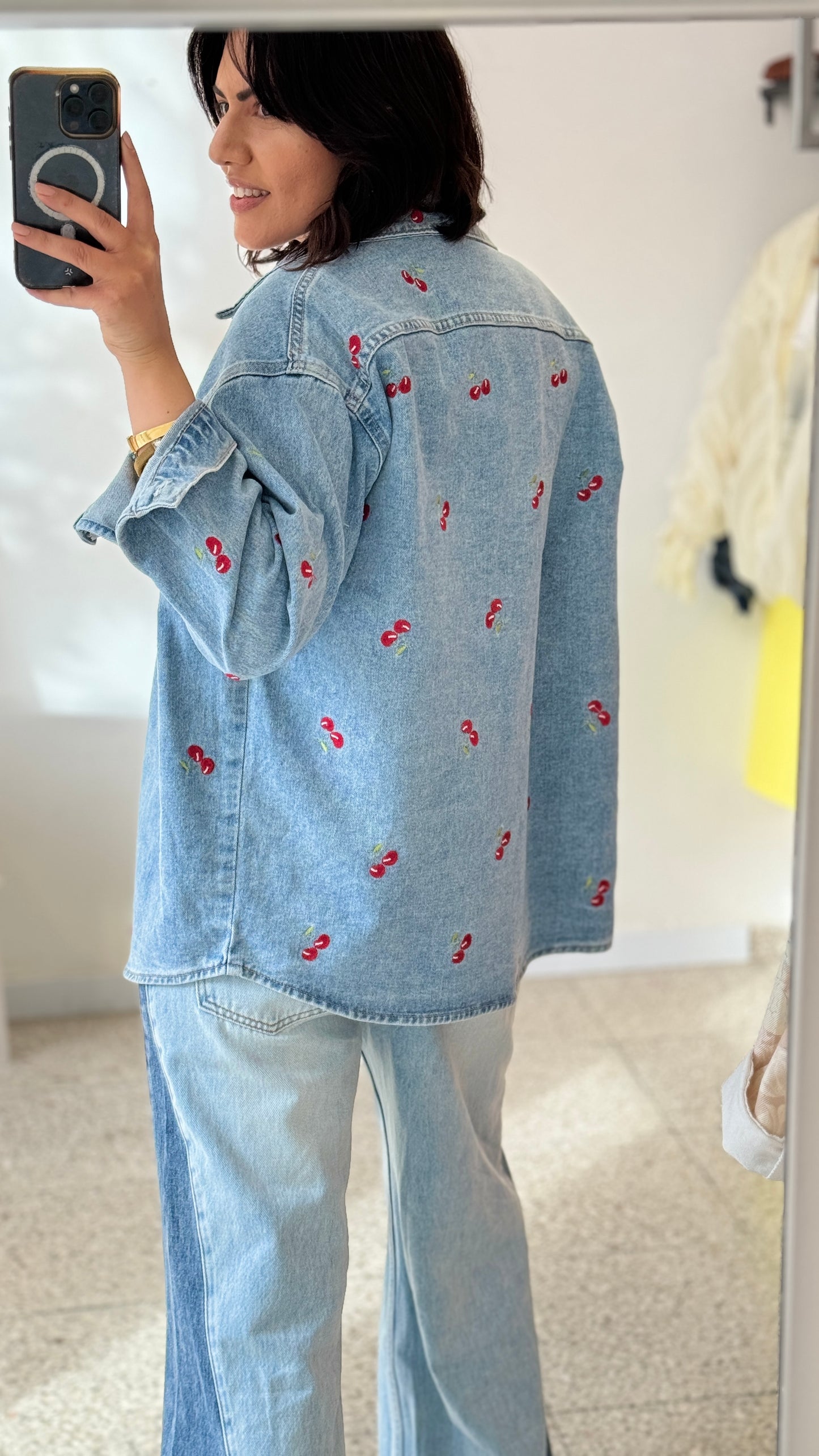 Denim Jacket in Cherry Print