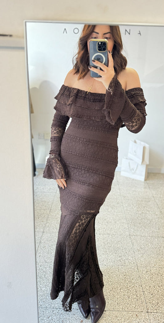Off-Shoulder Dress in Brown
