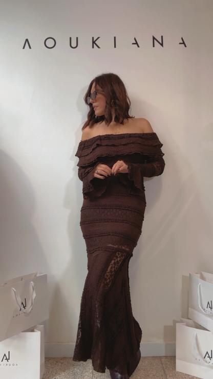 Off-Shoulder Dress in Brown