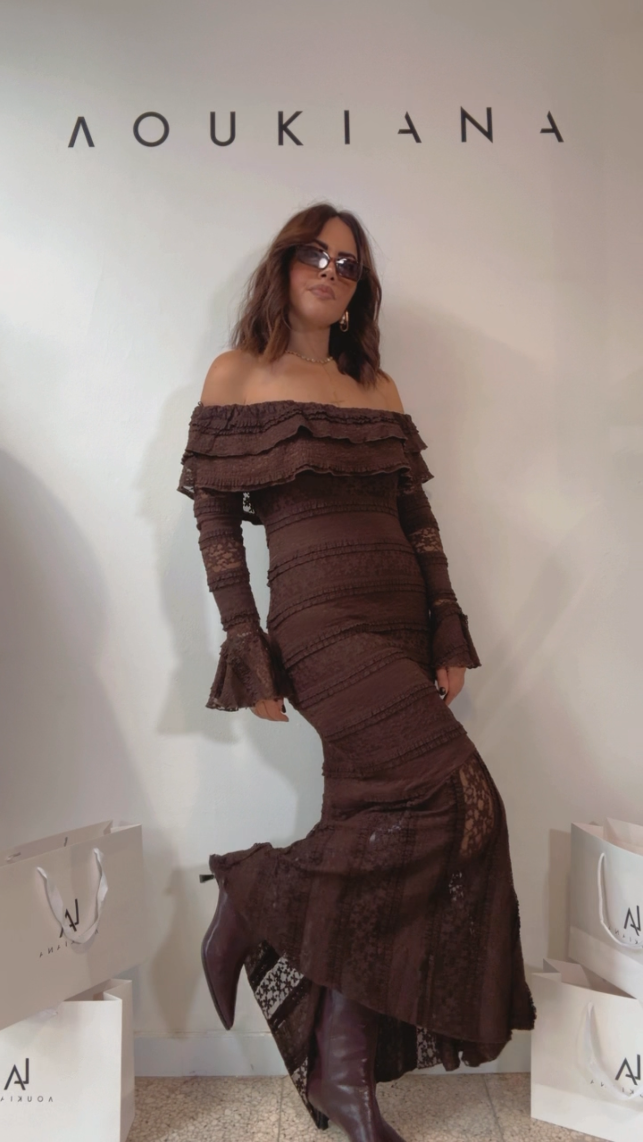 Off-Shoulder Dress in Brown