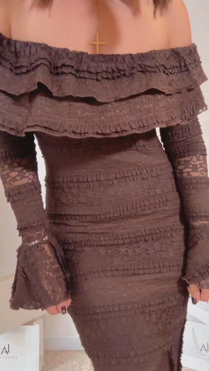 Off-Shoulder Dress in Brown