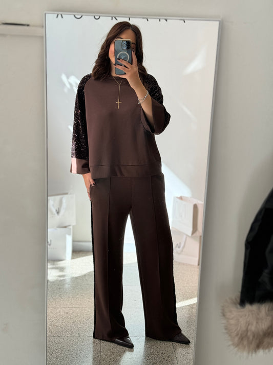 Tracksuit Set in Brown with Sequin Details