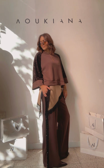 Tracksuit Set in Brown with Sequin Details