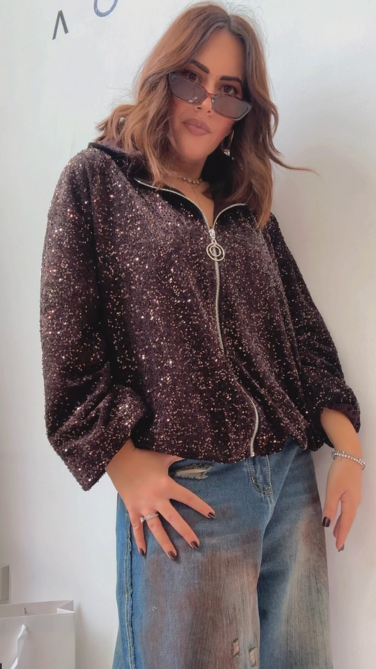 Bomber Jacket in Brown Sequin
