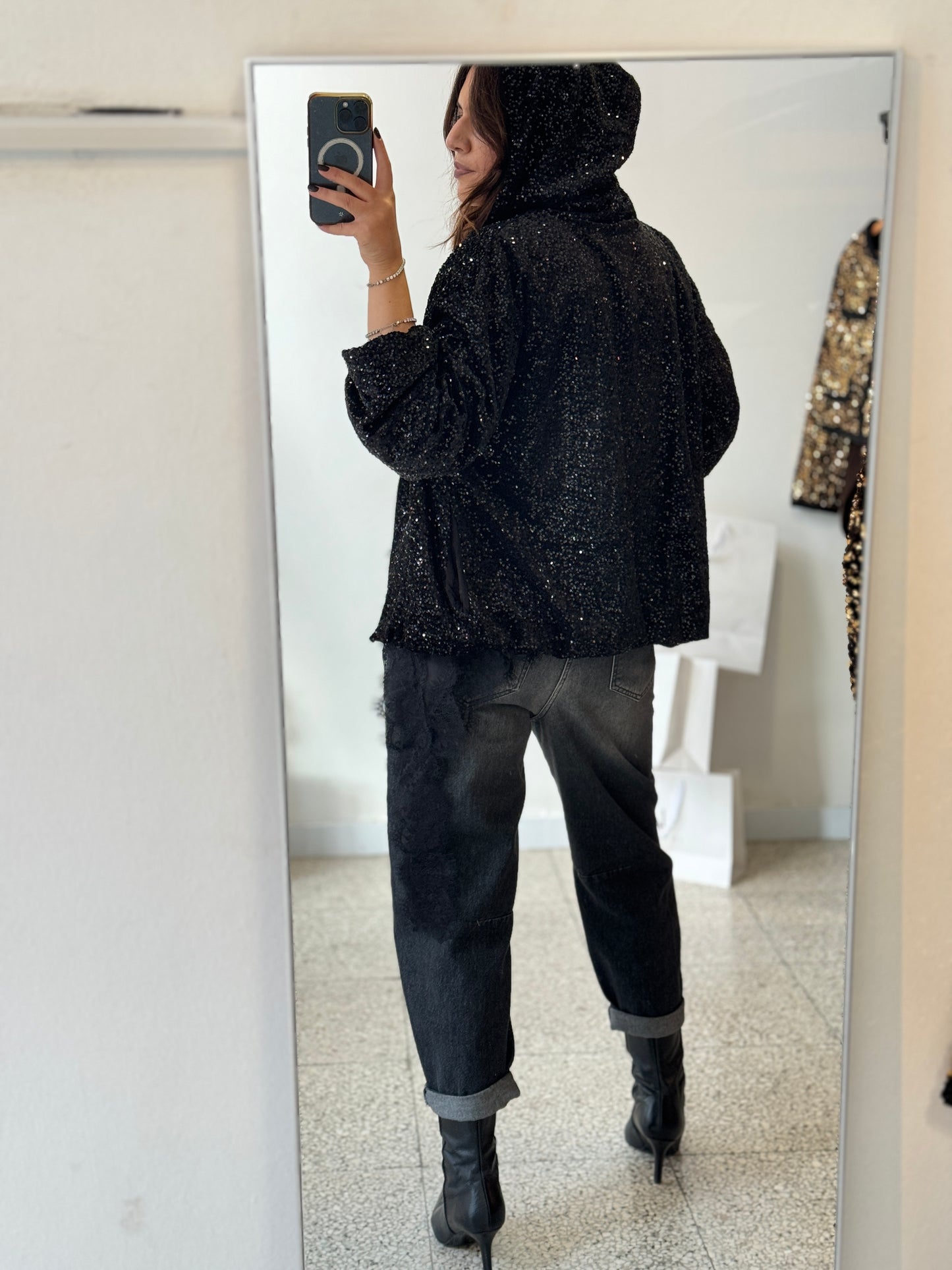 Bomber Jacket in Black Sequin