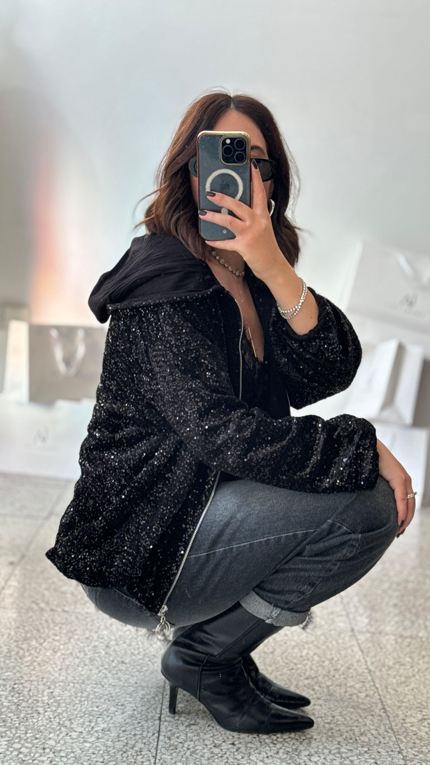 Bomber Jacket in Black Sequin