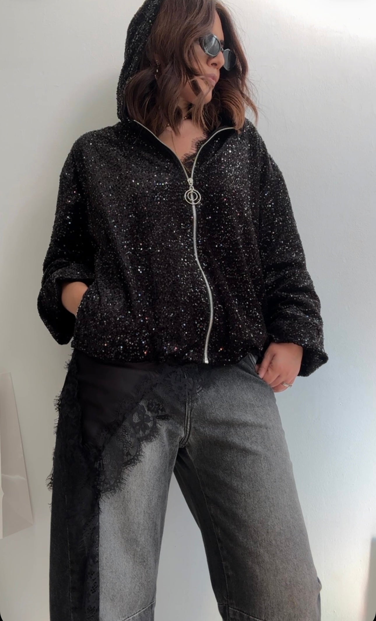 Bomber Jacket in Black Sequin