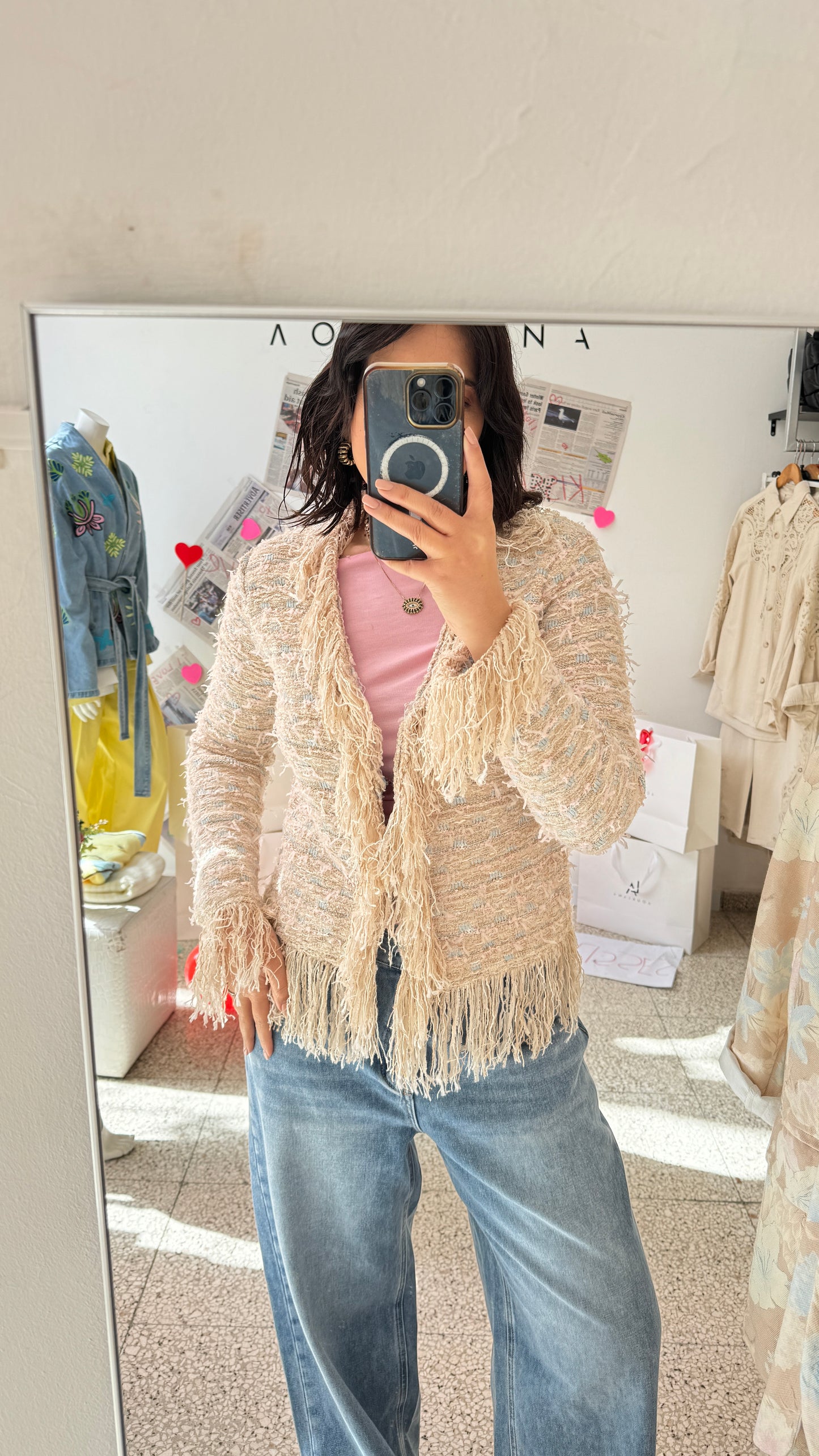 Cardigan with Fringes in Beige & Light Blue