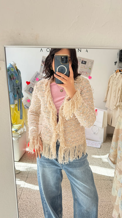 Cardigan with Fringes in Beige & Light Blue