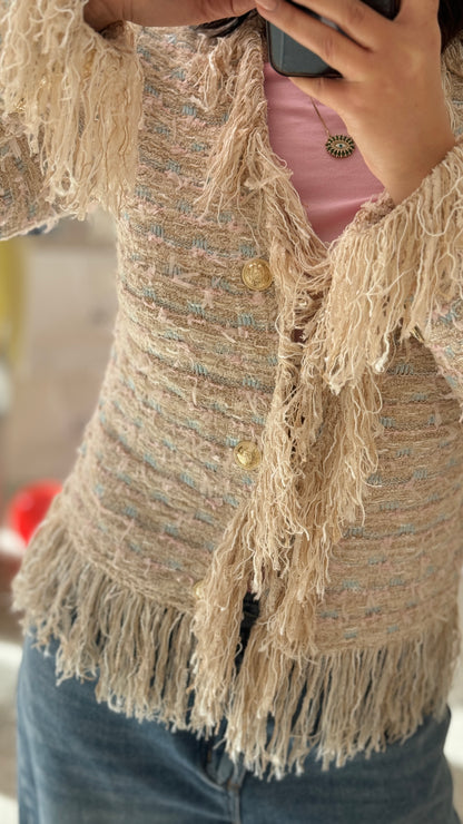 Cardigan with Fringes in Beige & Light Blue