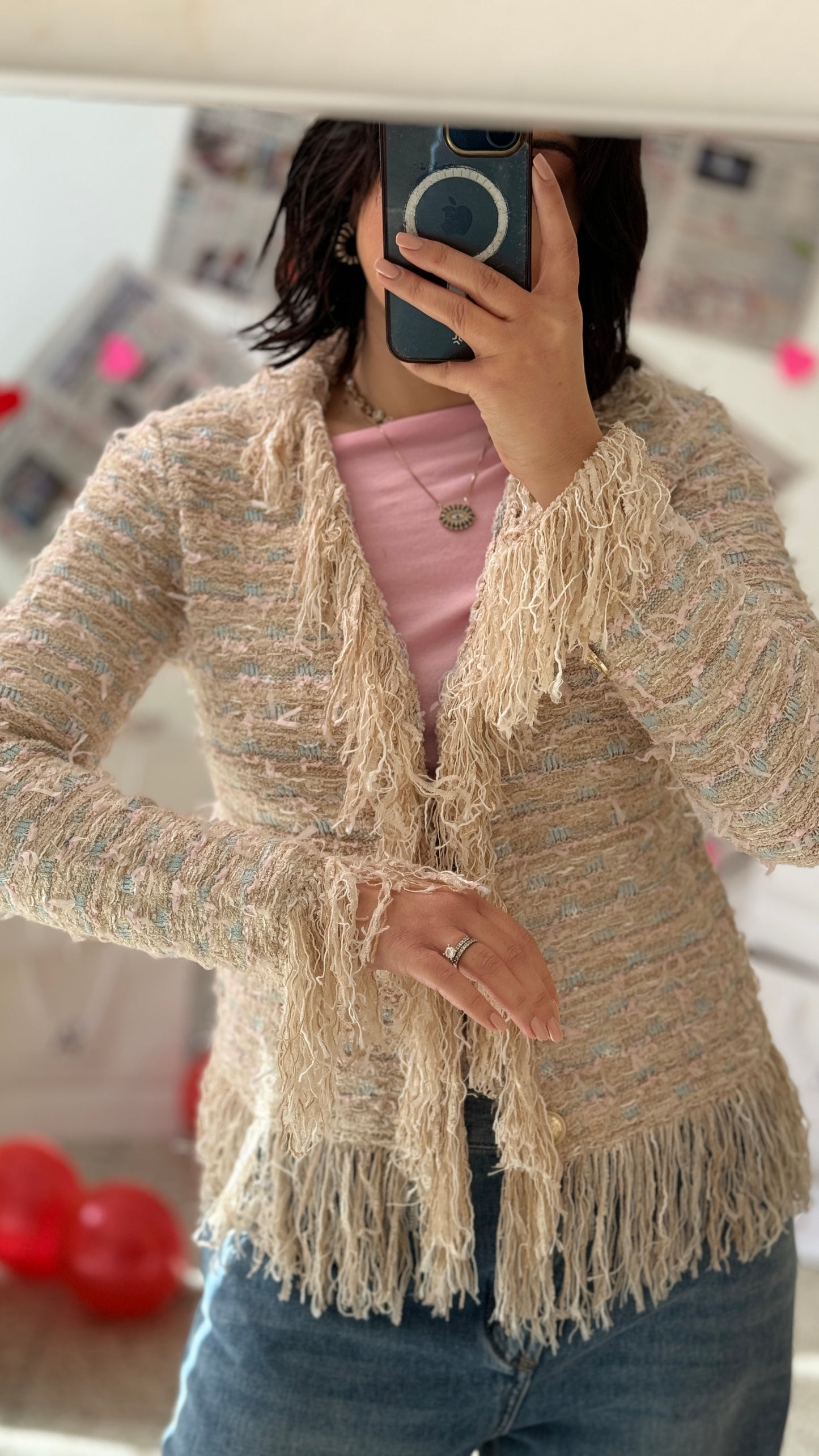 Cardigan with Fringes in Beige & Light Blue