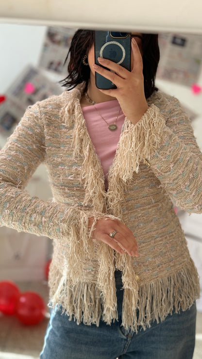 Cardigan with Fringes in Beige & Light Blue