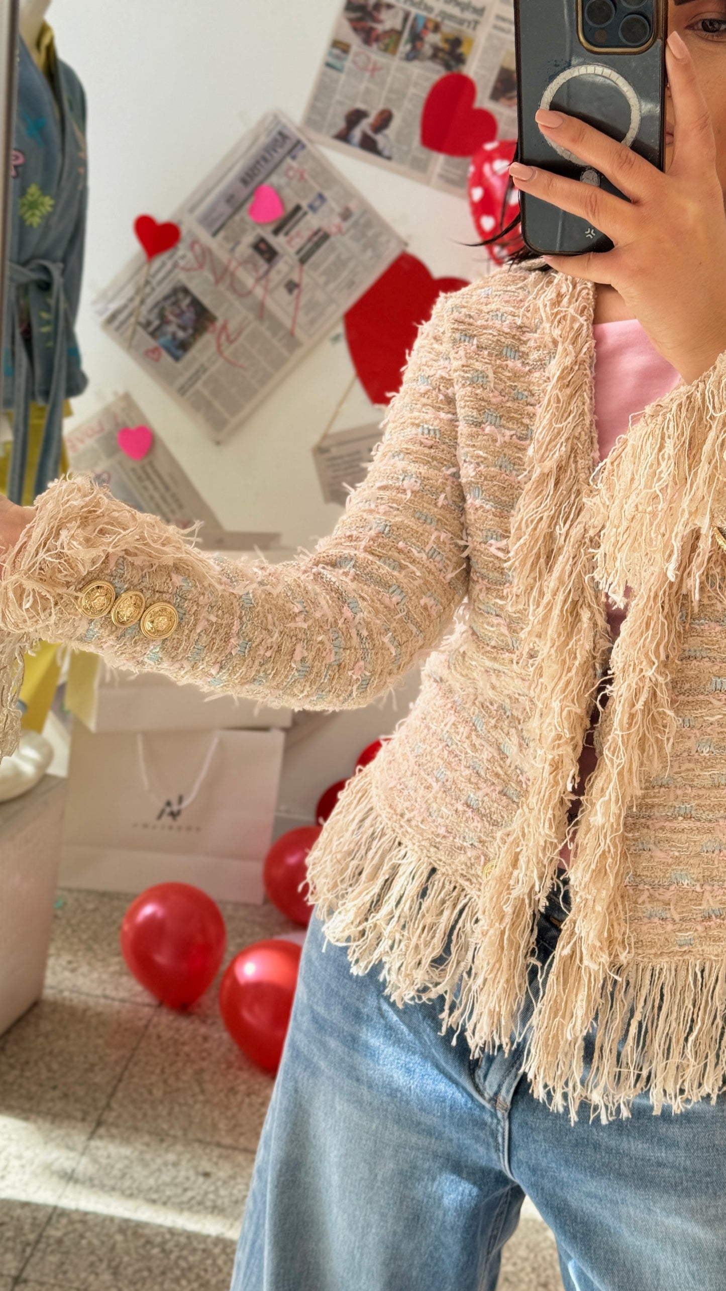 Cardigan with Fringes in Beige & Light Blue