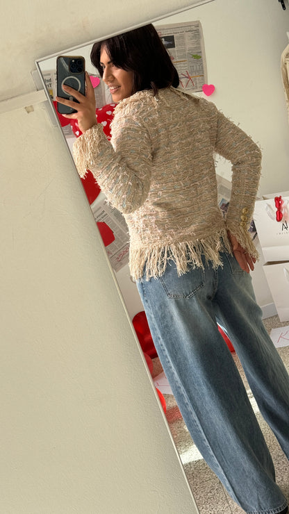 Cardigan with Fringes in Beige & Light Blue