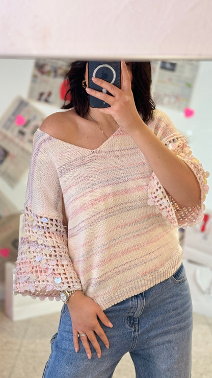 Jumper with Sequin Sleeves in Pink