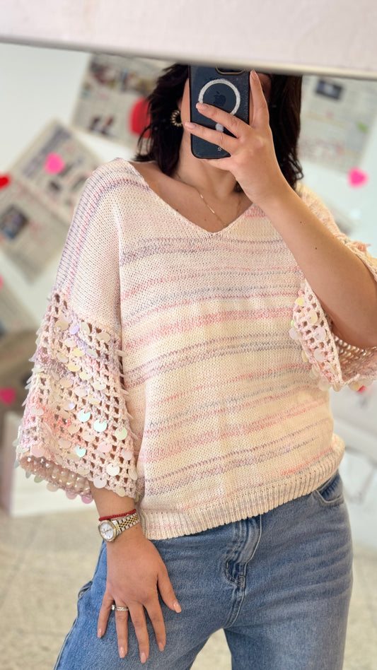 Jumper with Sequin Sleeves in Pink