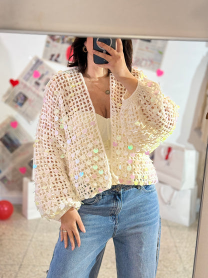 Cardigan in Cream with Colorful Sequin