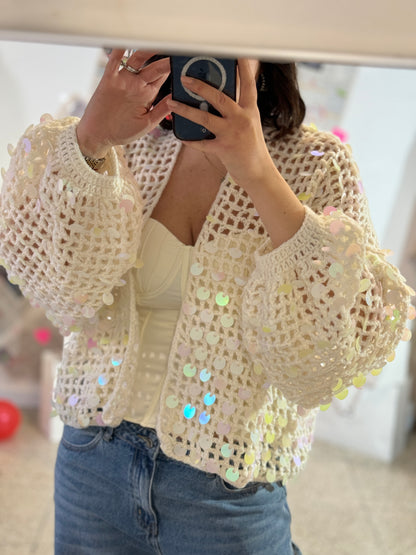 Cardigan in Cream with Colorful Sequin
