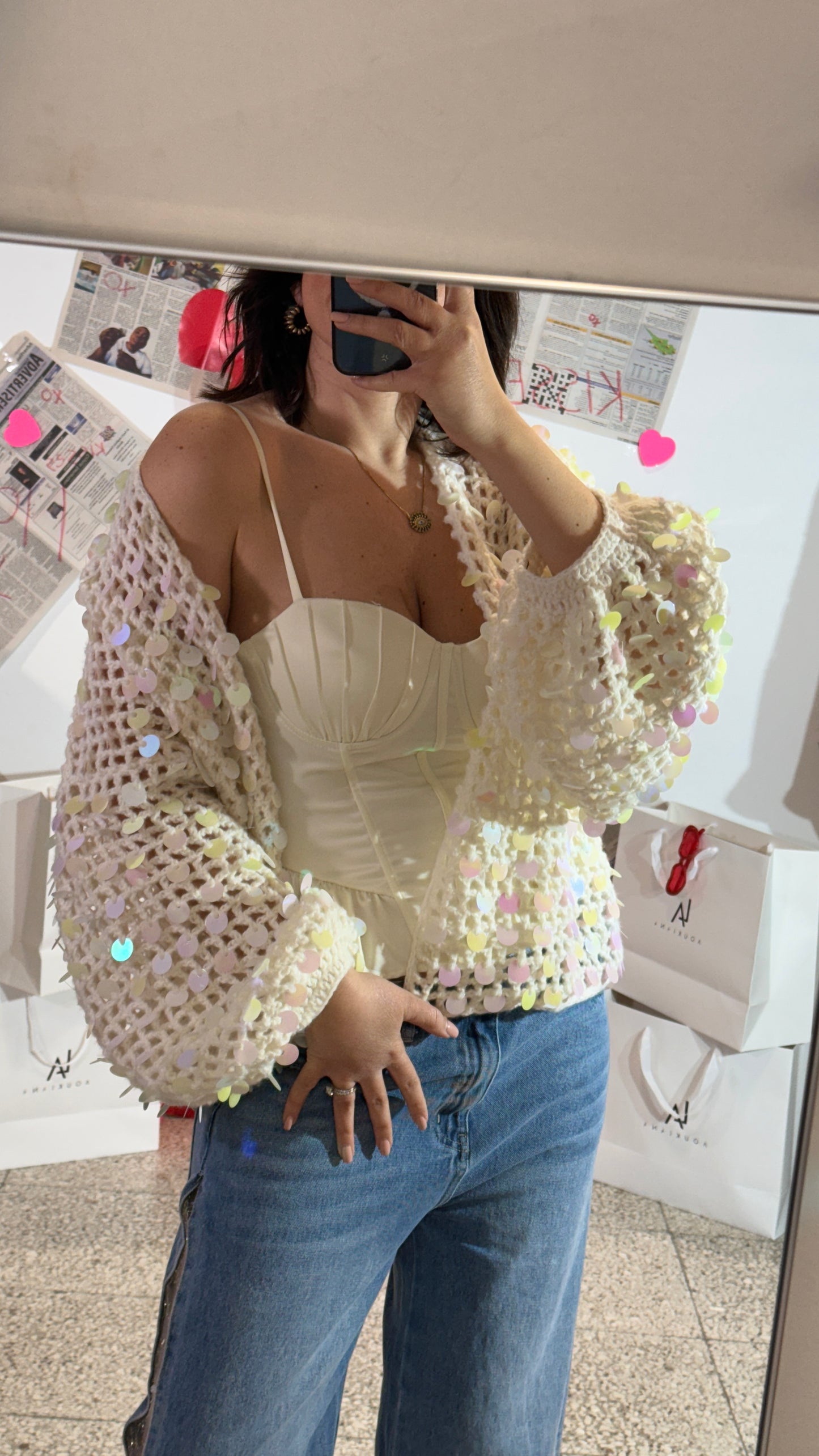 Cardigan in Cream with Colorful Sequin