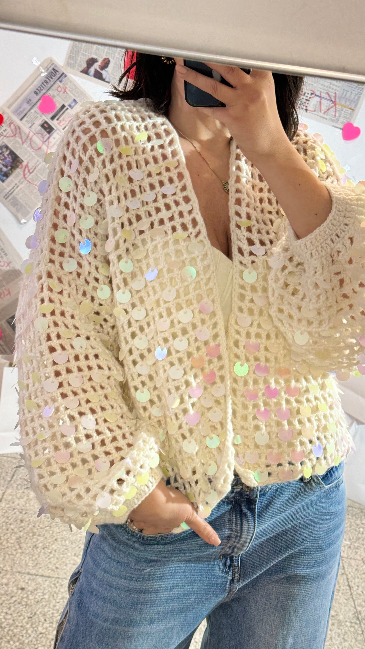 Cardigan in Cream with Colorful Sequin