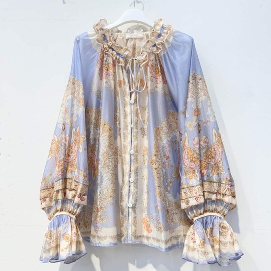 Ruffle Shirt with Romantic Print