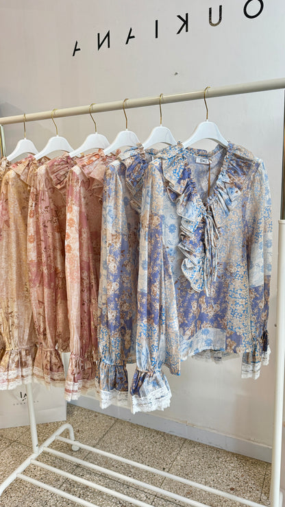 Ruffle Shirt with Vintage Print