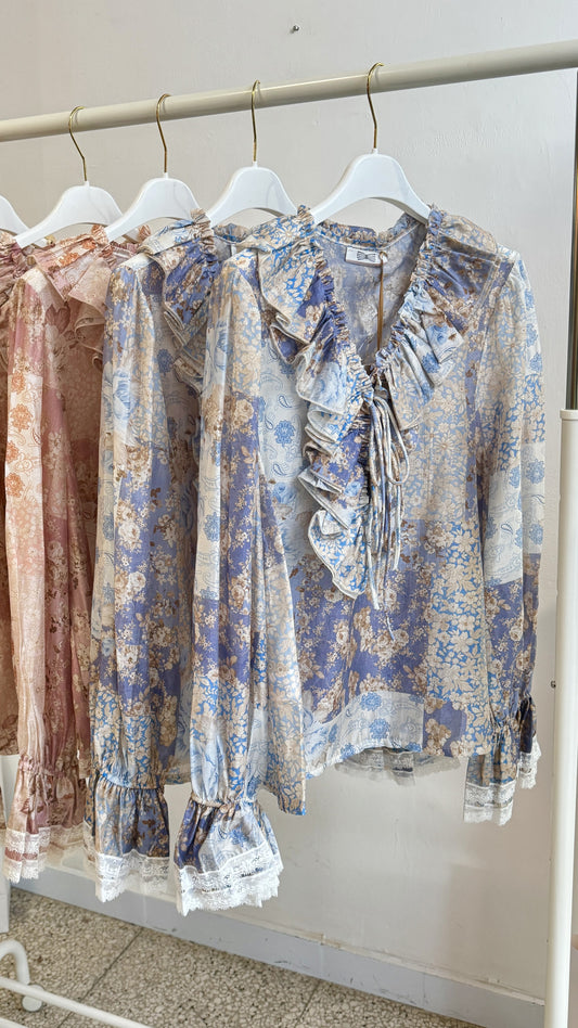 Ruffle Shirt with Romantic Print