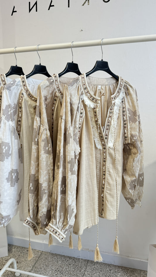 Boho Blouse with Tassel Ties in Beige