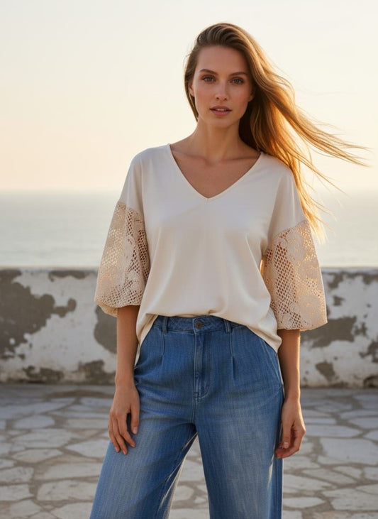 V-Neck Top with Crochet Sleeves