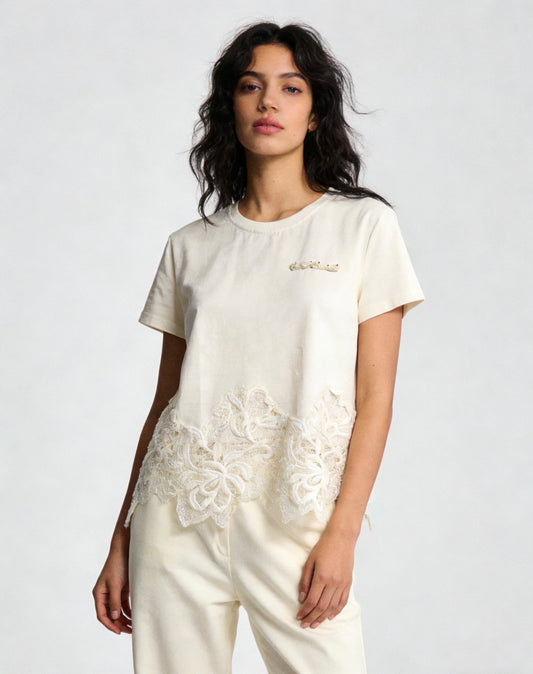 Beige T-Shirt with Lace Details