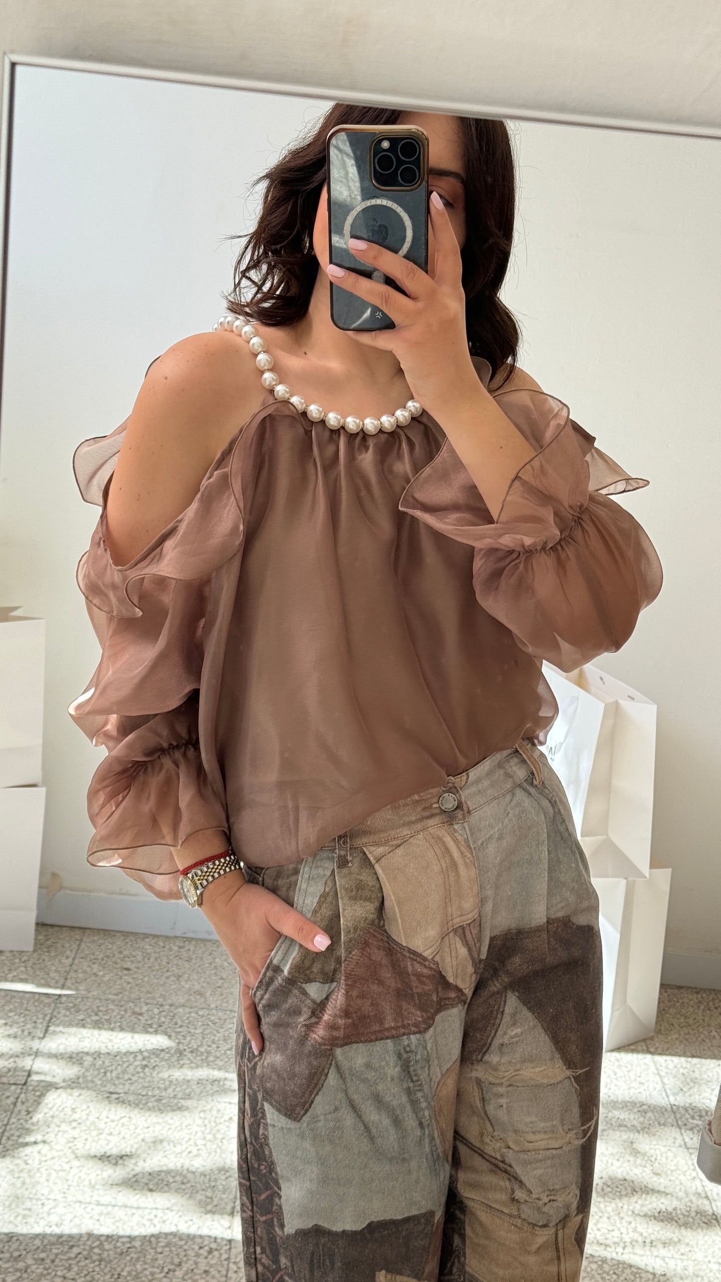Blouse with Pearls in Brown