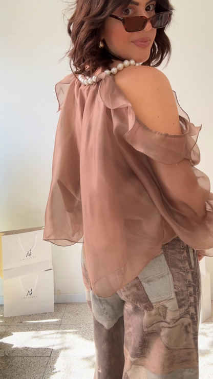 Blouse with Pearls in Brown