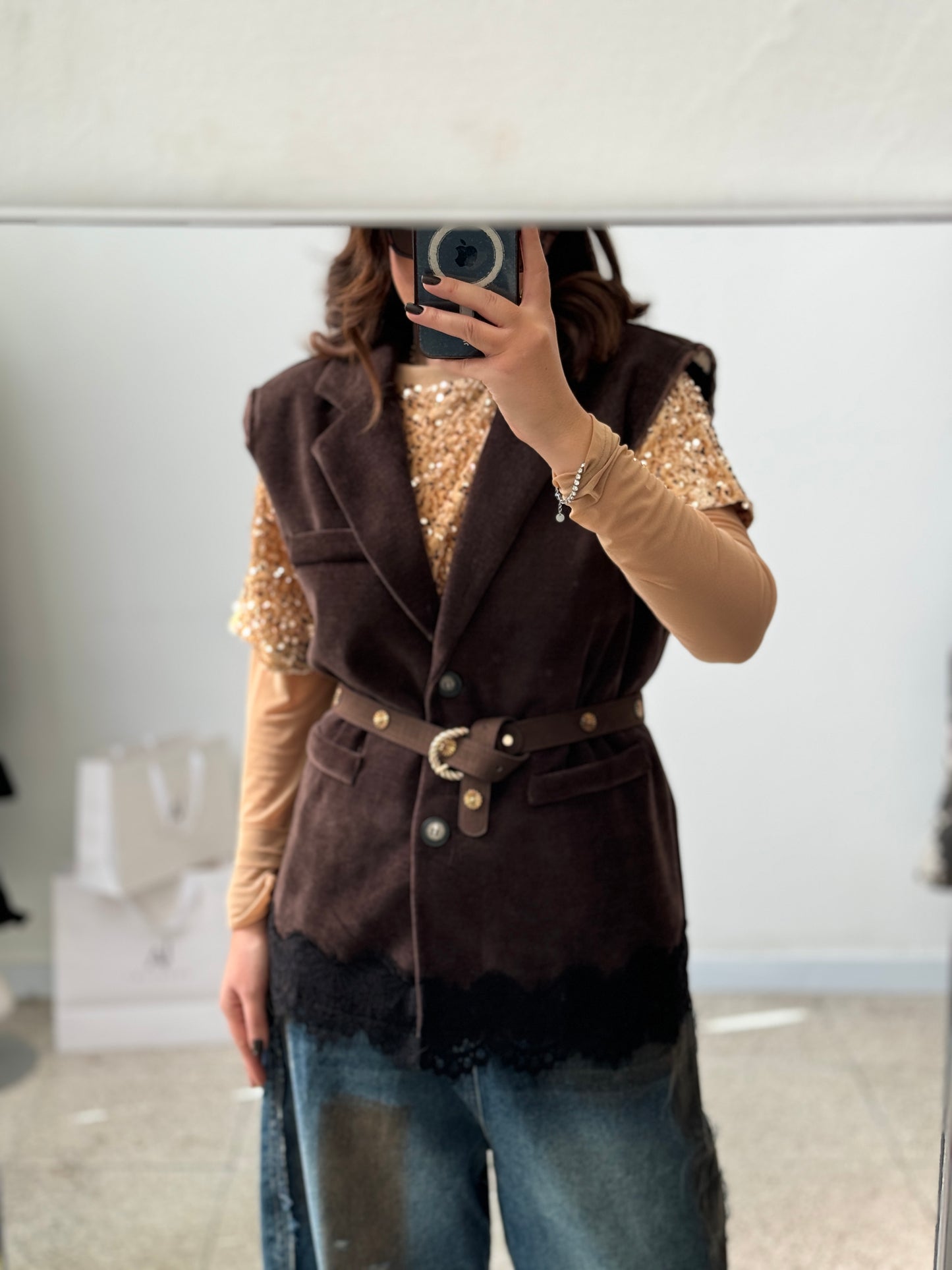 Brown Gilet with Lace Detail