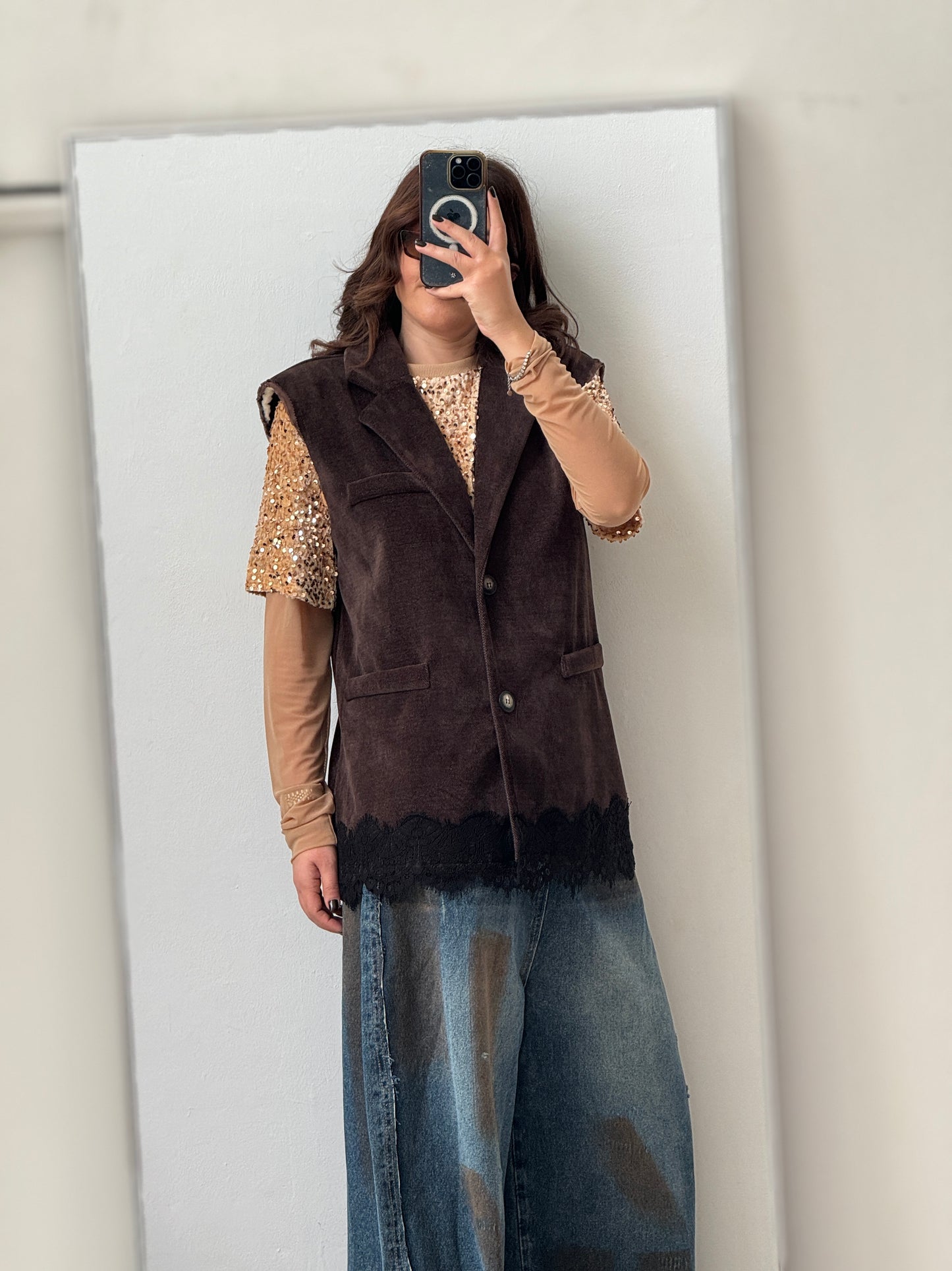 Brown Gilet with Lace Detail