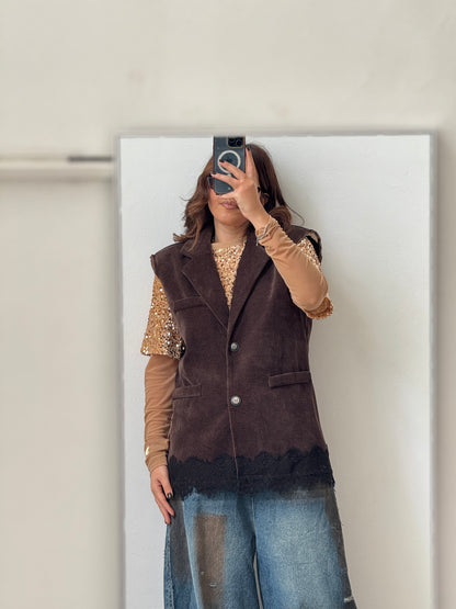 Brown Gilet with Lace Detail