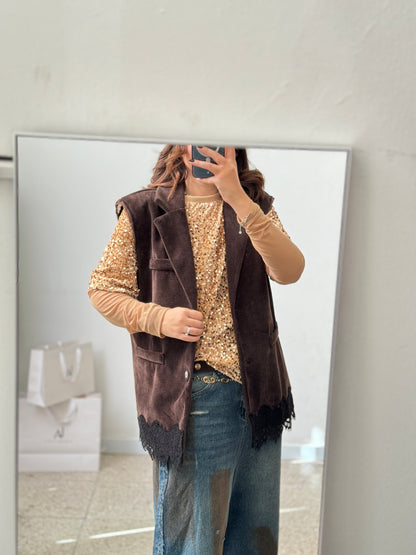 Brown Gilet with Lace Detail