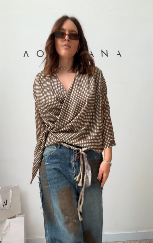 Wrap Top in Olive Green & White