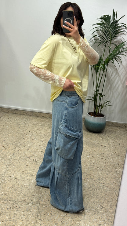 Yellow T-Shirt with Lace Sleeves