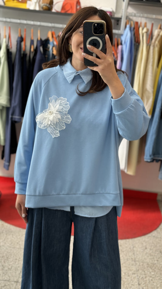 Sweatshirt in Light Blue with Flower Detail
