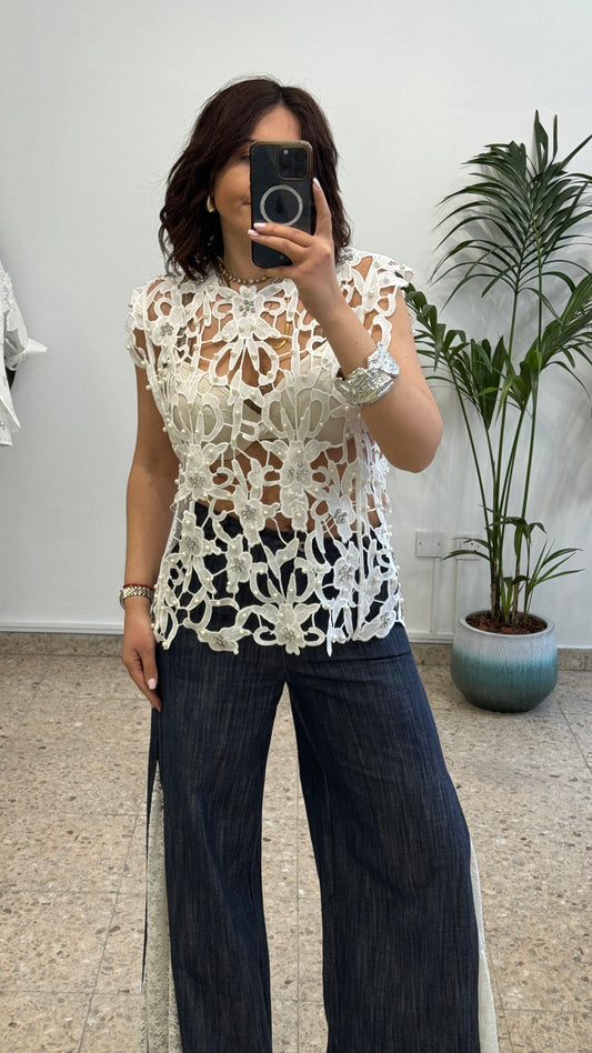 Embellished Crochet Top in White