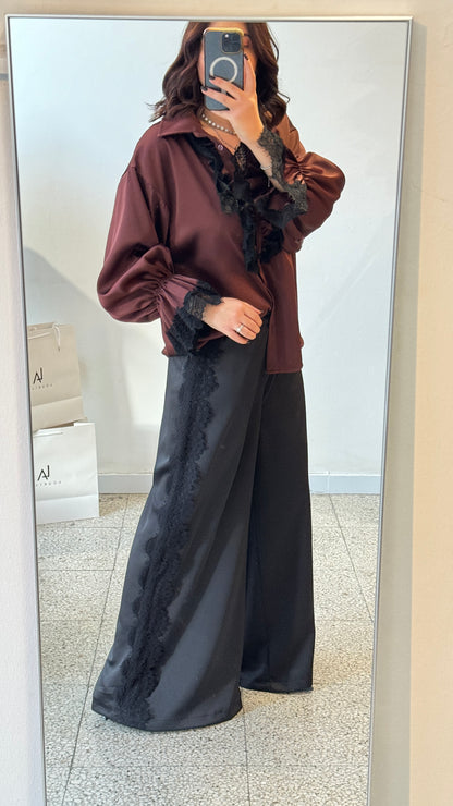 Wide Trousers with Lace Detail in Black