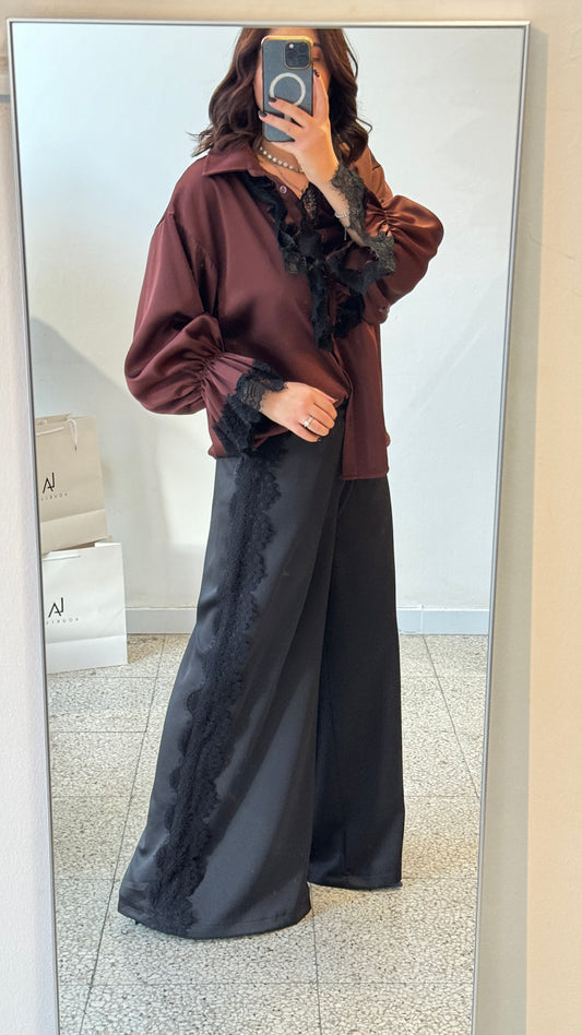 Wide Trousers with Lace Detail in Black