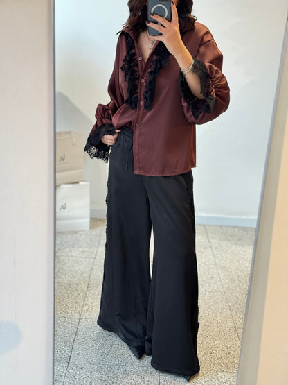 Wide Trousers with Lace Detail in Black