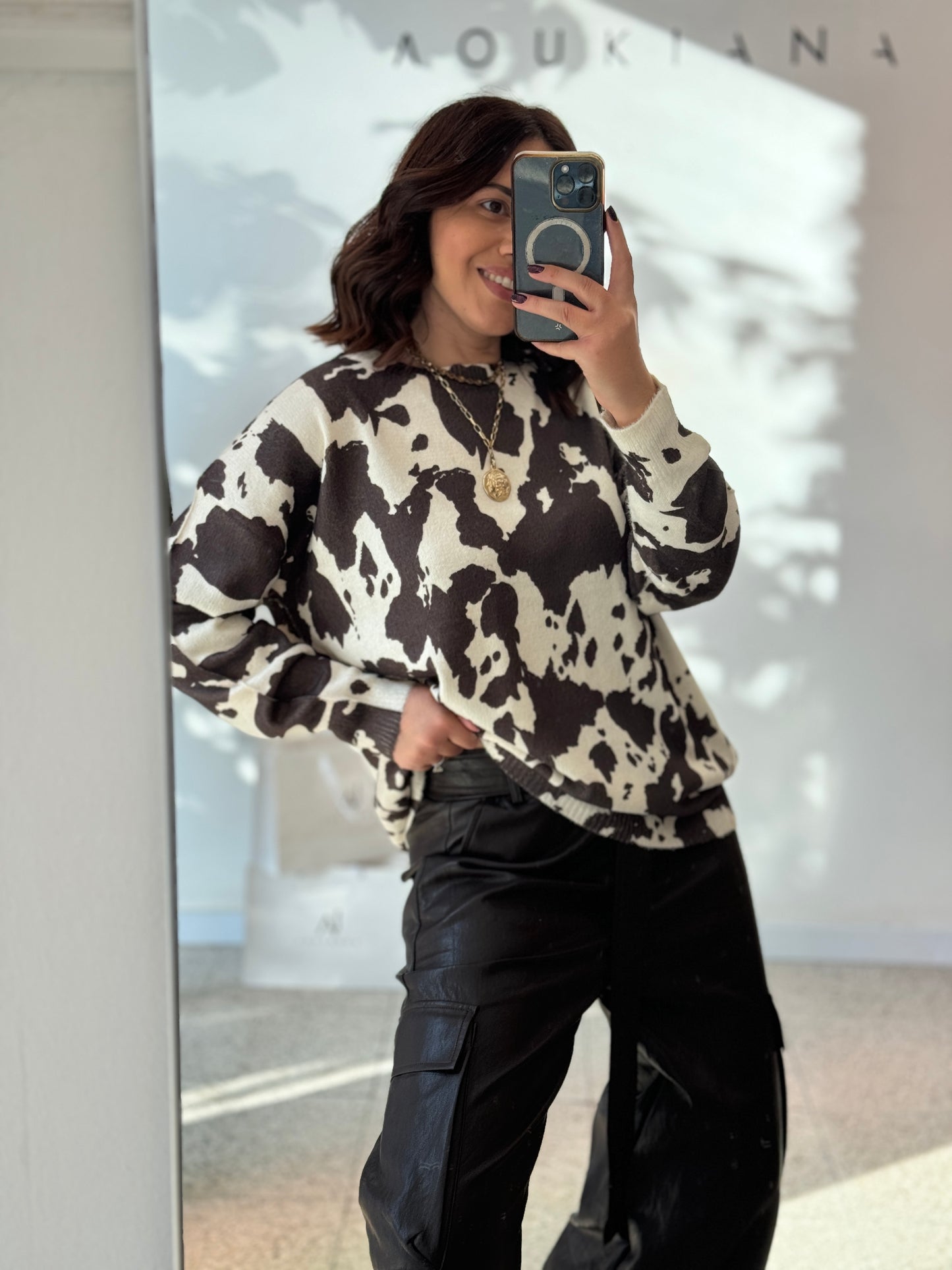 Knitted Top in Cow Print