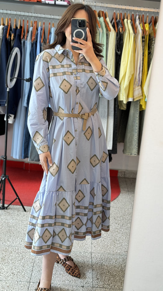 Midi Dress in Light Blue & Beige Print