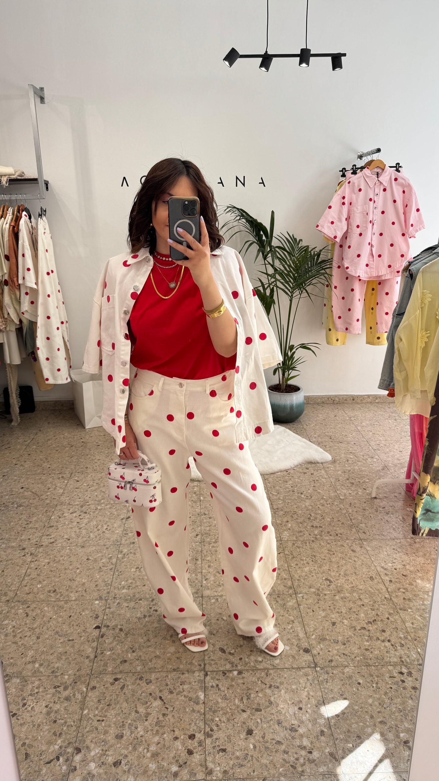 White & Red Polka Denim Set